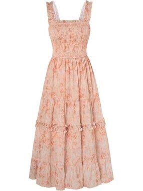 Women's Floral Dress Flowy Sundress Smocked Orange Floral Cottage core Dresses